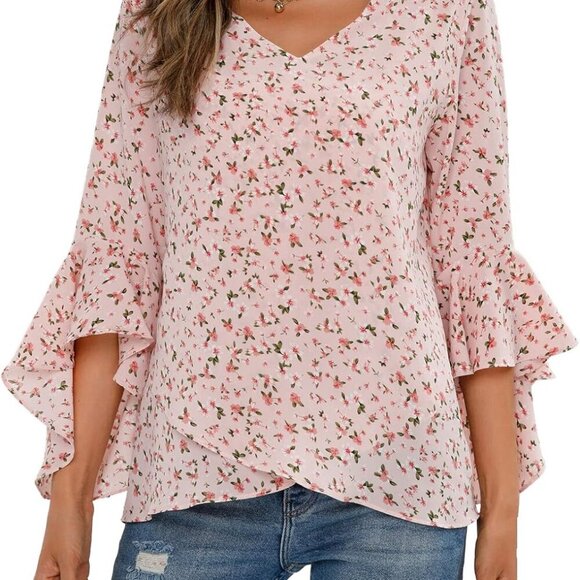 Women's Summer Chiffon Blouses with Floral Print and V-Neck - Picture 1 of 7